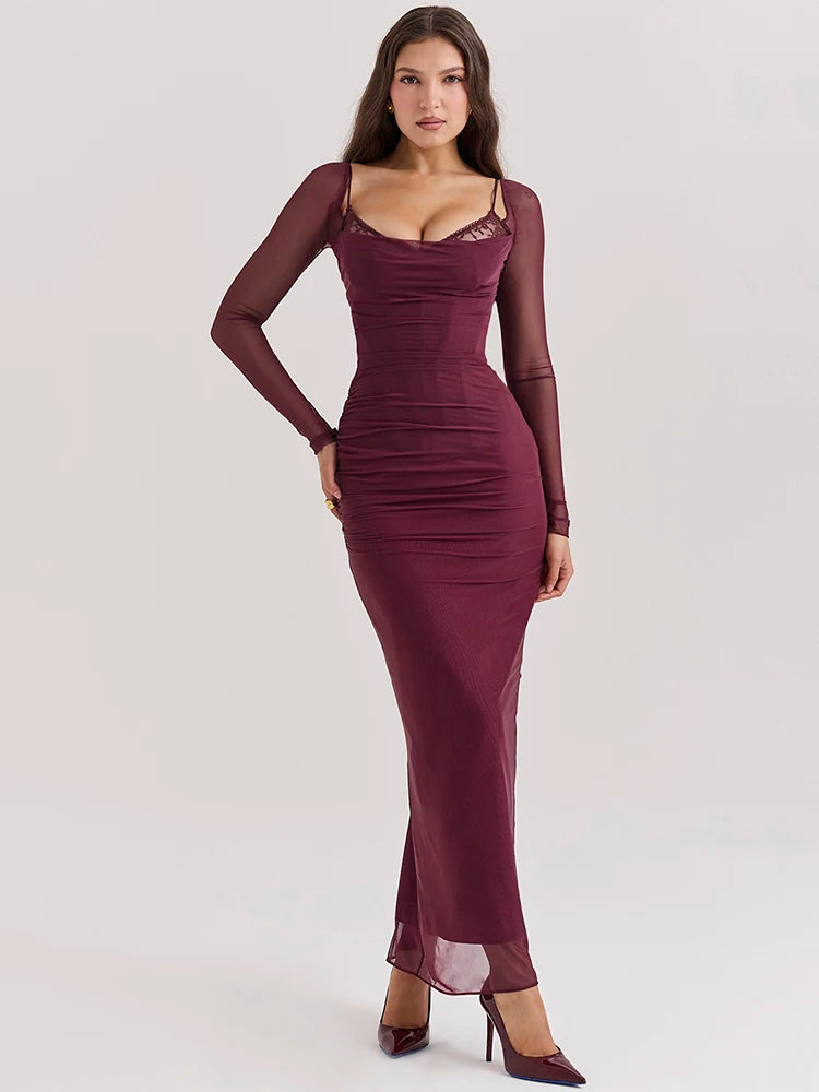 שמלת מקסי בורדו מרשת עם שרוולים